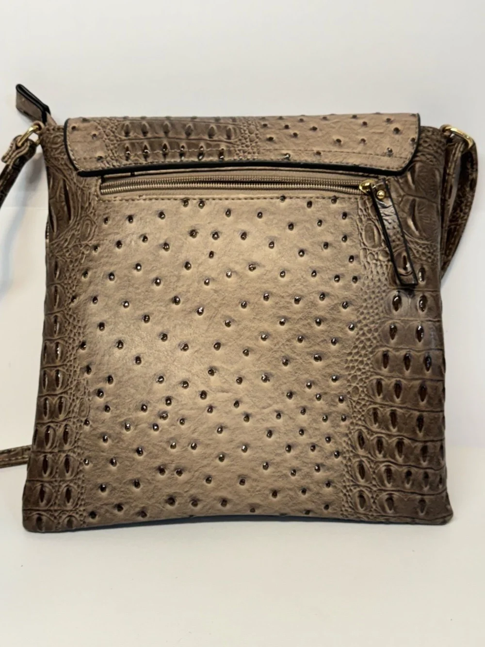 Taupe Croc Ostrich Embossed Crossbody Bag Gold Hardware